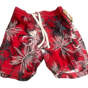 OP Red and White Board Shorts with Tropical Print